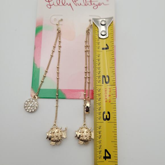 Lilly Pulitzer Gold Fish Drop Earrings Dangling Sparkly Puffer Fish Ocean Resort - Picture 8 of 8